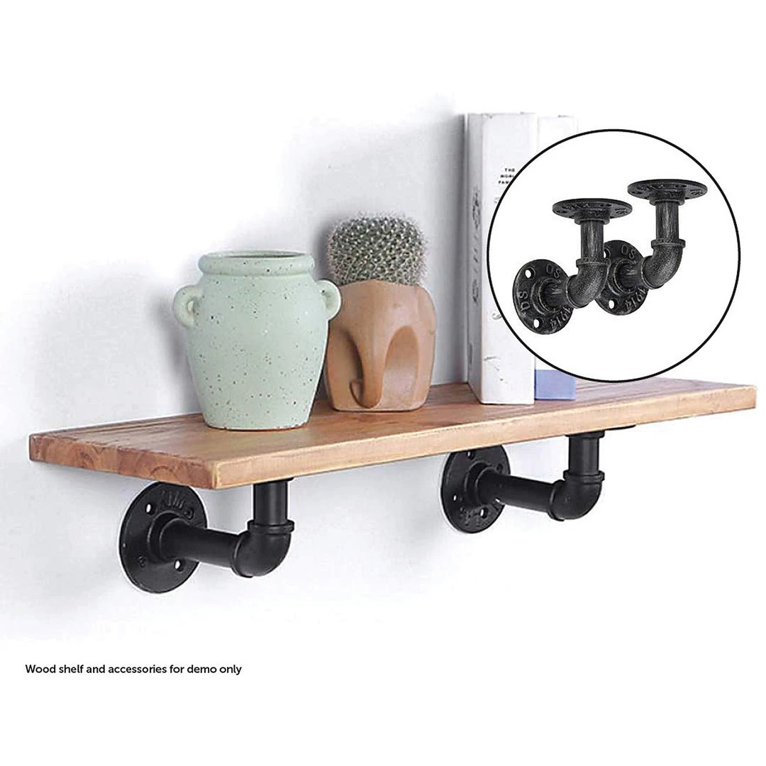 Randy & Travis Machinery Industrial Black Iron Pipe Bracket Wall Mounted Floating Shelf - Set Of 2