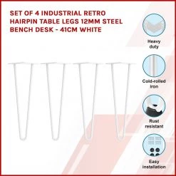 Della Francesca Set Of 4 White Industrial Retro Hairpin Table Legs 12mm Steel Bench Desk - 41cm Furniture