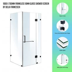 100 X 70cm Frameless 10mm Glass Shower Screen By Della Francesca BLACK Hinges/Brackets And SQUARE Handle