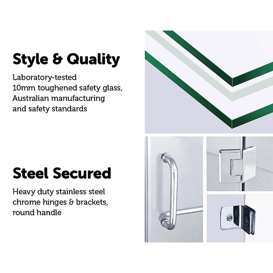 90 X 70cm Frameless 10mm Glass Shower Screen By Della Francesca CHROME Hinges/Brackets And ROUND Handle