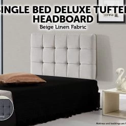 Palermo Beige Linen Fabric Single Deluxe Tufted Headboard Bedhead Furniture