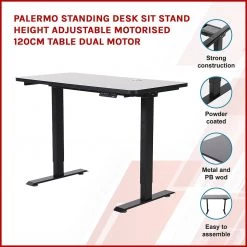 Furniture Palermo Standing Desk Sit Stand Height Adjustable Motorised 120cm Table Dual Motor