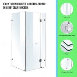 100 X 70cm Frameless 10mm Glass Shower Screen By Della Francesca CHROME Hinges/Brackets And SQUARE Handle DIY & Renovation