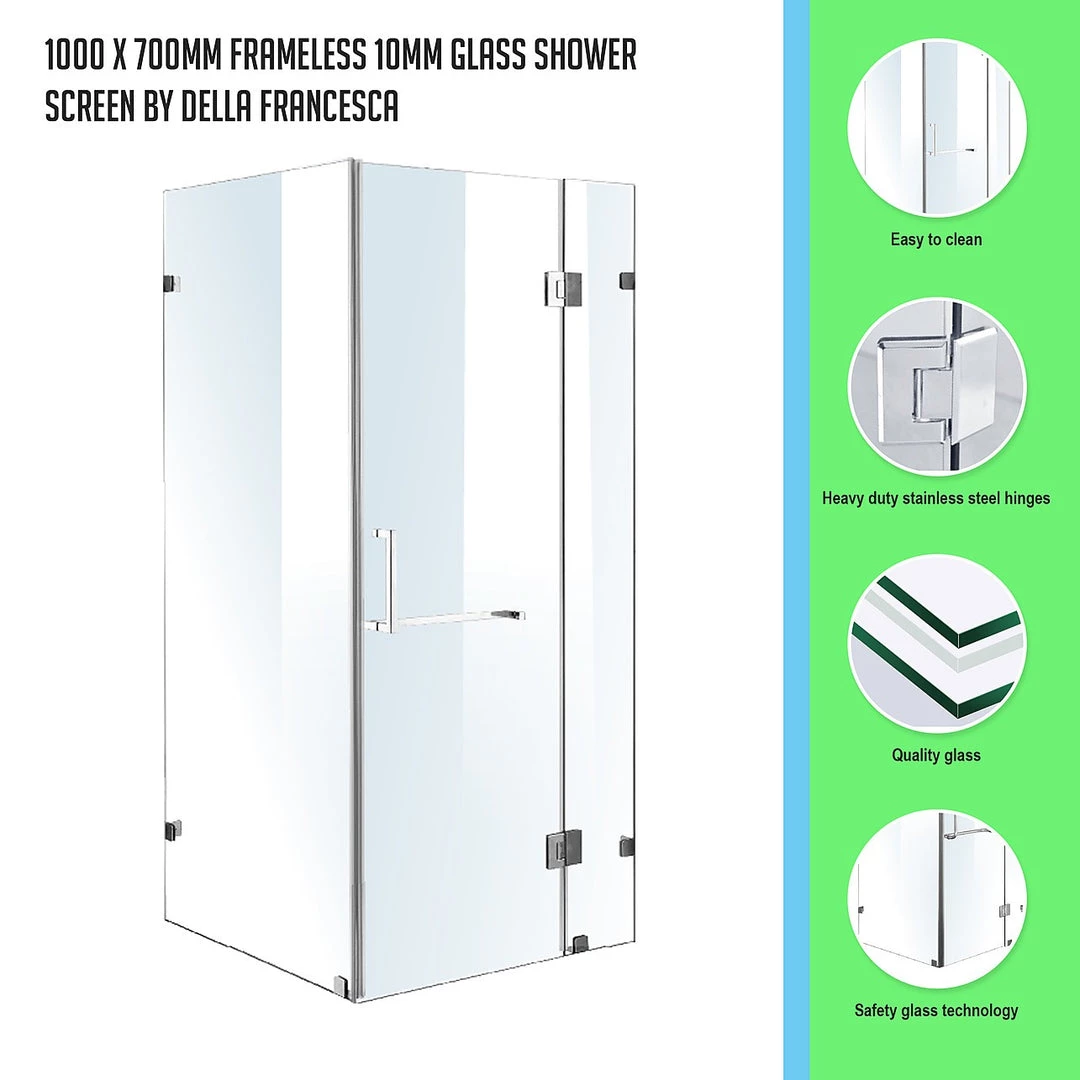 100 X 70cm Frameless 10mm Glass Shower Screen By Della Francesca CHROME Hinges/Brackets And SQUARE Handle DIY & Renovation