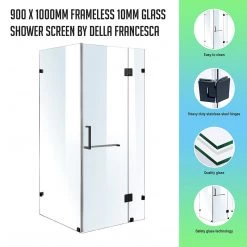 90 X 100cm Frameless 10mm Glass Shower Screen By Della Francesca BLACK Hinges/Brackets And SQUARE Handle DIY & Renovation