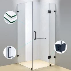 90 X 100cm Frameless 10mm Glass Shower Screen By Della Francesca BLACK Hinges/Brackets And ROUND Handle