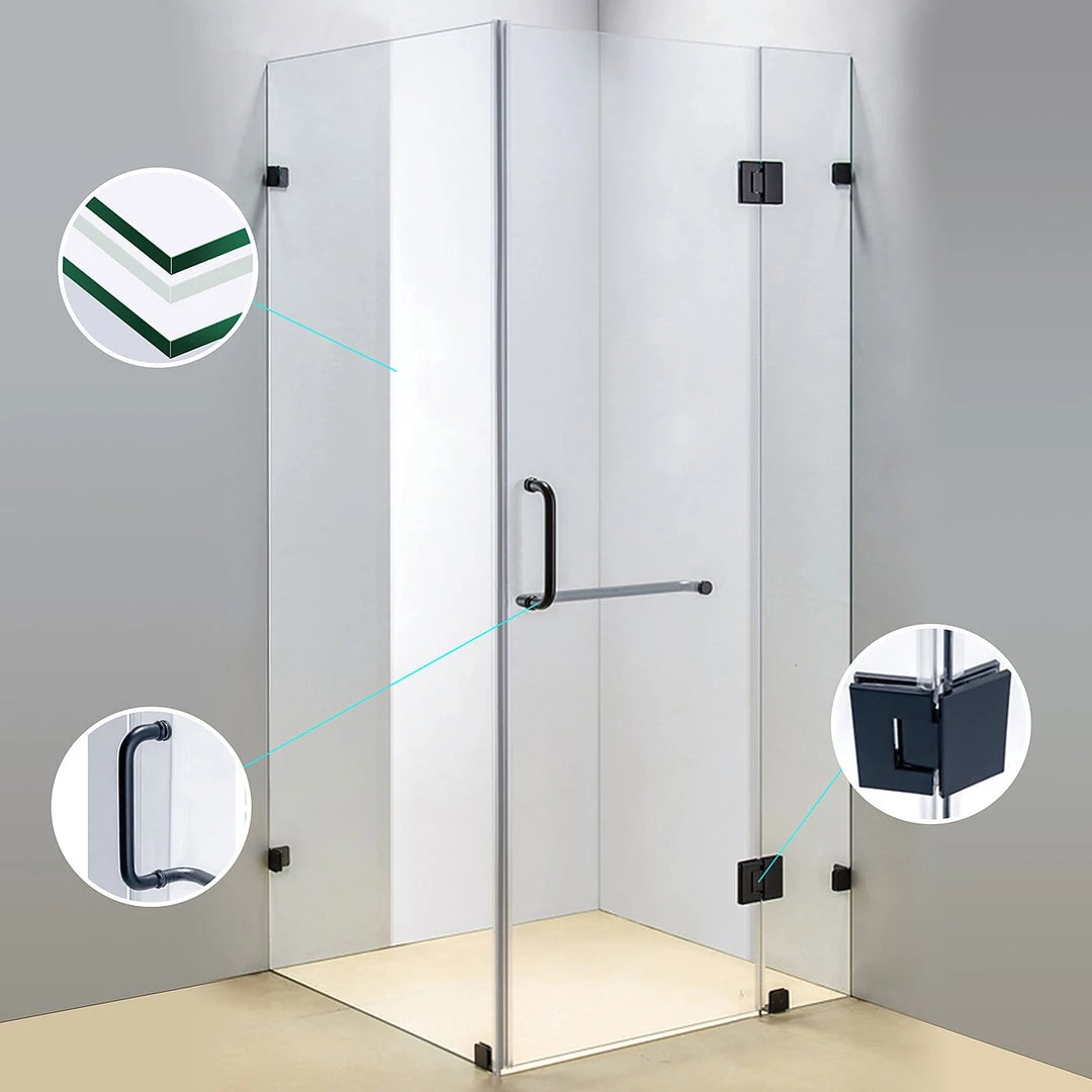 90 X 100cm Frameless 10mm Glass Shower Screen By Della Francesca BLACK Hinges/Brackets And ROUND Handle