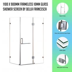 110 X 90cm Frameless 10mm Glass Shower Screen By Della Francesca Nickel Hinges/Brackets And Round Handle