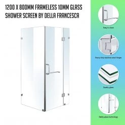 120 X 80cm Frameless 10mm Glass Shower Screen By Della Francesca CHROME Hinges/Brackets And ROUND Handle