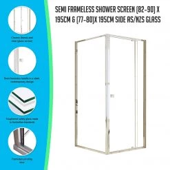 Della Francesca DIY & Renovation Front: (82~90) X 195cm Adjustable Semi Frameless Shower Screen In Chrome Side: (77~80) X 195cm