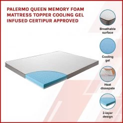 Furniture Palermo Queen Memory Foam Mattress Topper Cooling Gel Infused CertiPUR Approved