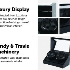 Randy & Travis Machinery Automatic Quad Watch Winder Wood Display Box Case Motor Rotation Storage