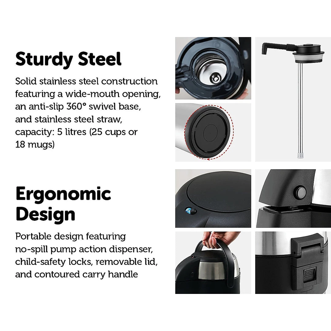 Randy & Travis Machinery Air Pot For Tea Coffee 5L Pump Action Insulated Airpot Flask Drink Dispenser Home & Lifestyle