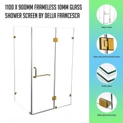 110 X 90cm Frameless 10mm Glass Shower Screen By Della Francesca GOLD Hinges/Brackets And ROUND Handle DIY & Renovation