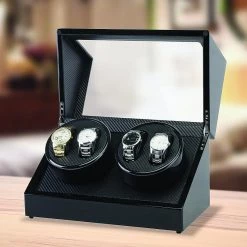 Randy & Travis Machinery Automatic Quad Watch Winder Wood Display Box Case Motor Rotation Storage