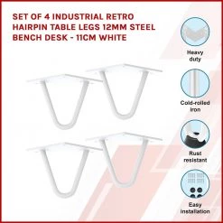 Della Francesca Set Of 4 White Industrial Retro Hairpin Table Legs 12mm Steel Bench Desk - 11cm