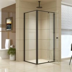Della Francesca Front: (74~82) X 195cm Adjustable Semi Frameless Shower Screen In Black Side: (98~101) X 195cm