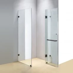 100 X 70cm Frameless 10mm Glass Shower Screen By Della Francesca BLACK Hinges/Brackets And ROUND Handle DIY & Renovation