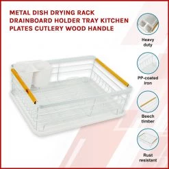 Randy & Travis Machinery Home & Lifestyle Metal Dish Drying Rack Drainboard Holder Tray Kitchen Plates Cutlery Wood Handle