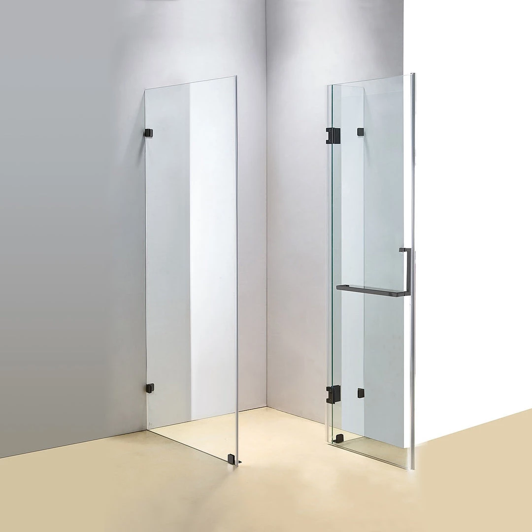 110 X 70cm Frameless 10mm Glass Shower Screen By Della Francesca BLACK Hinges/Brackets And SQUARE Handle