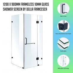 120 X 90cm Frameless 10mm Glass Shower Screen By Della Francesca BLACK Hinges/Brackets And ROUND Handle