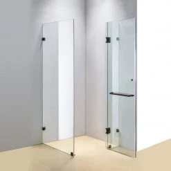 120 X 90cm Frameless 10mm Glass Shower Screen By Della Francesca BLACK Hinges/Brackets And ROUND Handle