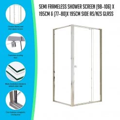 Della Francesca Front: (98~106) X 195cm Adjustable Semi Frameless Shower Screen In Chrome Side: (77~80) X 195cm DIY & Renovation