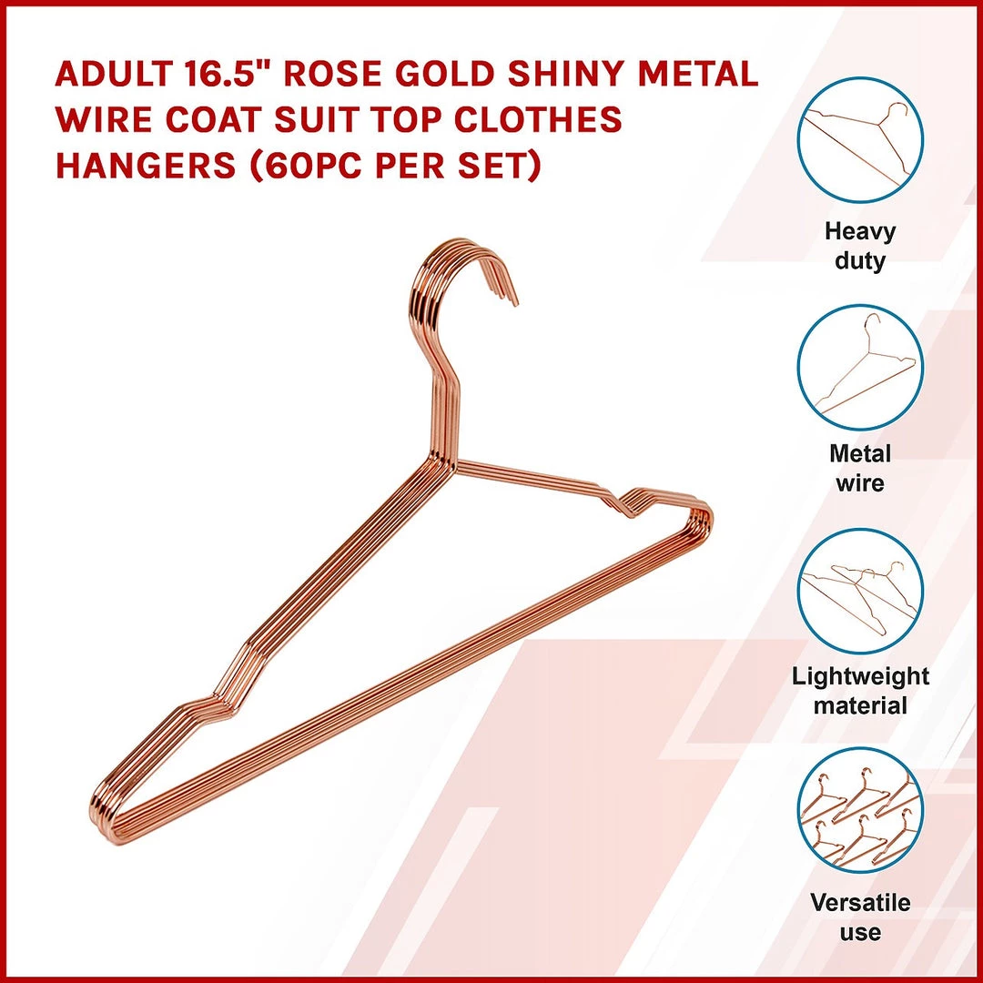 Randy & Travis Machinery Adult 16.5" Rose Gold Shiny Metal Wire Coat Suit Top Clothes Hangers (60pc Per Set)