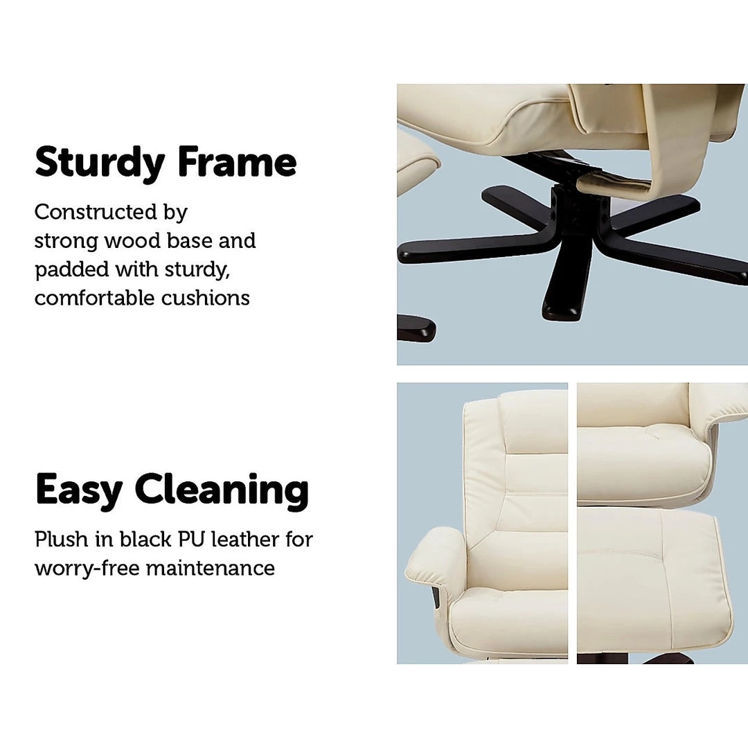 Palermo PU Leather Massage Chair Recliner Ottoman Lounge Remote - Cream