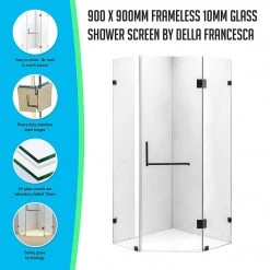 900 X 900mm Frameless 10mm Glass Shower Screen By Della Francesca Black Hinges/Brackets And Square Handle