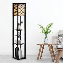 Randy & Travis Machinery Shelf Floor Lamp - Shade Diffused Light Source With Open-Box Shelves