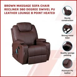 Palermo Brown Massage Sofa Chair Recliner 360 Degree Swivel PU Leather Lounge 8 Point Heated