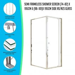 Della Francesca DIY & Renovation Front: (74~82) X 195cm Adjustable Semi Frameless Shower Screen In Chrome Side: (98~101) X 195cm