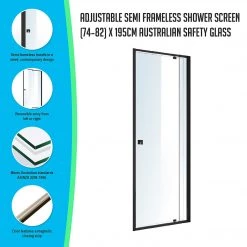 Della Francesca Front: (74~82) X 195cm Adjustable Semi Frameless Shower Screen In Black No Side Return