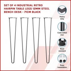 Della Francesca Set Of 4 Industrial Retro Hairpin Table Legs 12mm Steel Bench Desk - 71cm Black
