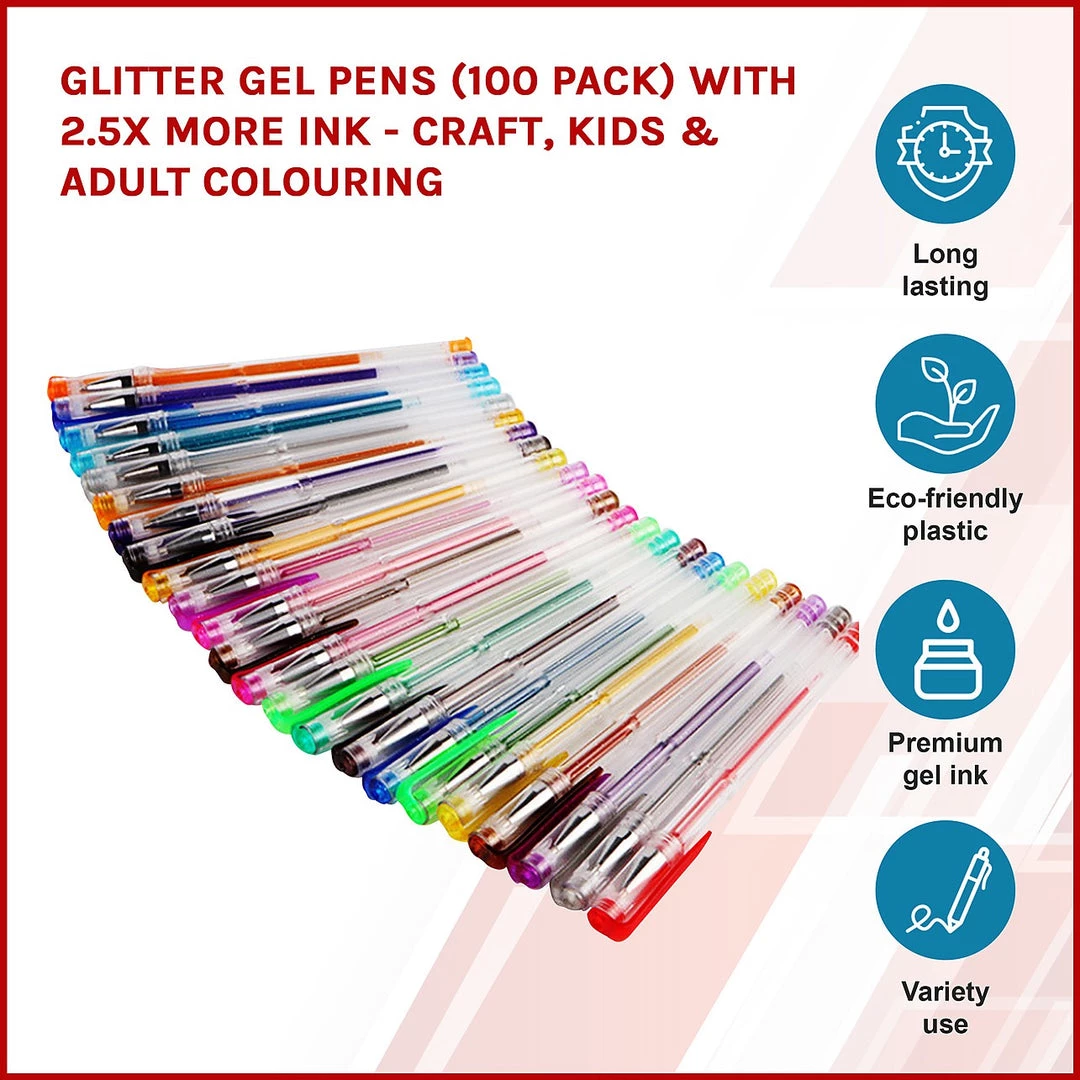 Randy & Travis Machinery Glitter Gel Pens (100 Pack) With 2.5X More Ink - Craft, Kids & Adult Colouring Games & Hobbies