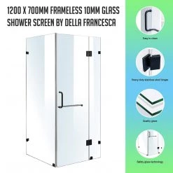 120 X 70cm Frameless 10mm Glass Shower Screen By Della Francesca BLACK Hinges/Brackets And ROUND Handle