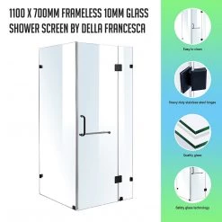 110 X 70cm Frameless 10mm Glass Shower Screen By Della Francesca BLACK Hinges/Brackets And ROUND Handle DIY & Renovation