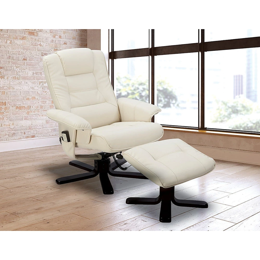 Palermo PU Leather Massage Chair Recliner Ottoman Lounge Remote - Cream