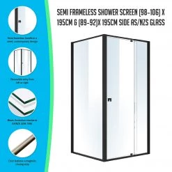 Della Francesca DIY & Renovation Front: (98~106) X 195cm Adjustable Semi Frameless Shower Screen In Black Side: (89~92) X 195cm