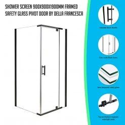 Della Francesca DIY & Renovation 900 X 900 X 1900mm Framed Safety Glass Pivot Door Shower Screen In Black