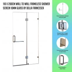 Della Francesca DIY & Renovation 110 X 200cm Wall To Wall Frameless Shower Screen In Nickel Hardware With Round Handle