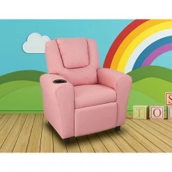 Palermo PU Leather Kids Recliner With Drink Holder - Pink