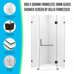 900 X 900mm Frameless 10mm Glass Shower Screen By Della Francesca Black Hinges/Brackets And Round Handle DIY & Renovation
