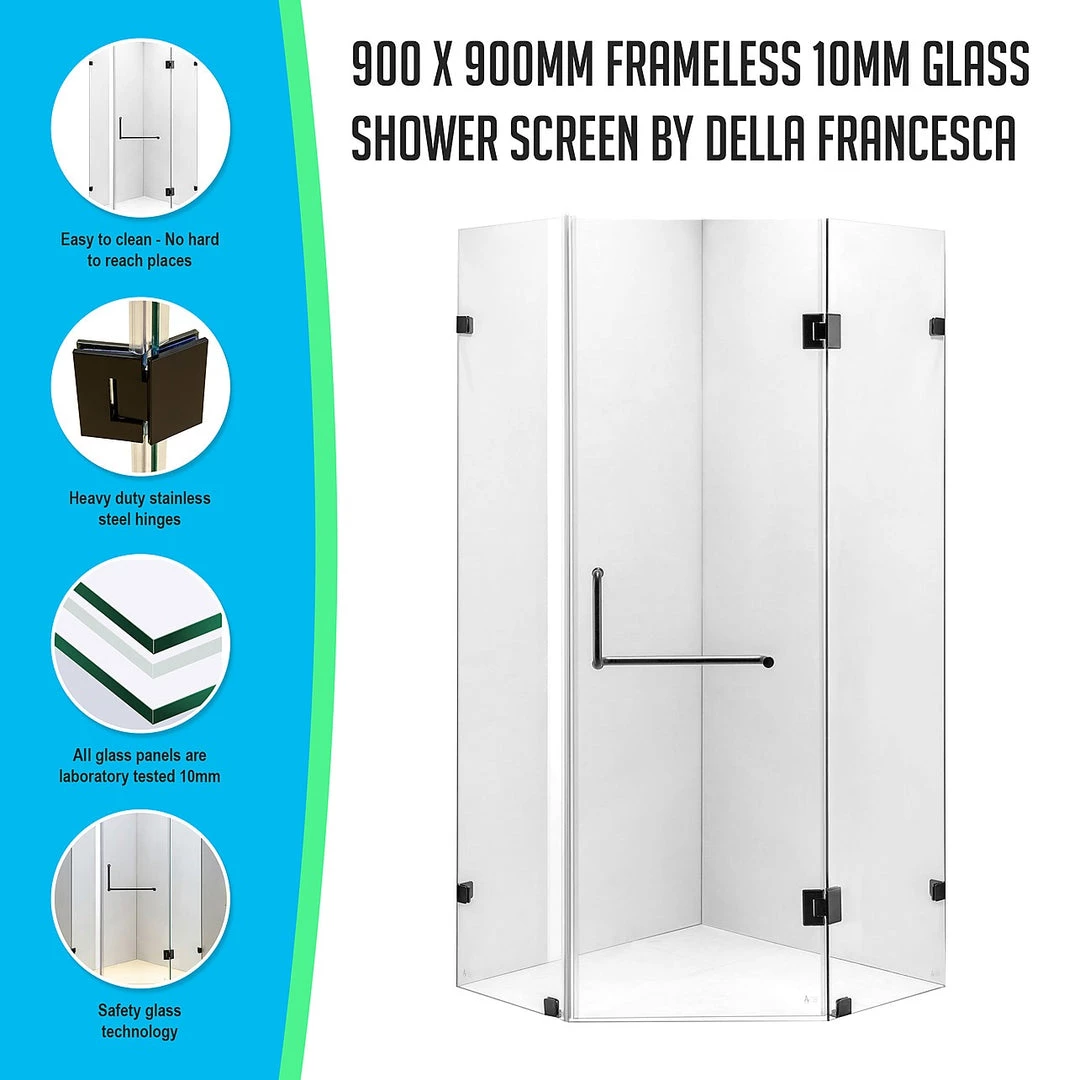 900 X 900mm Frameless 10mm Glass Shower Screen By Della Francesca Black Hinges/Brackets And Round Handle DIY & Renovation