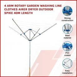 Randy & Travis Machinery 4 Arm Rotary Garden Washing Line Clothes Airer Dryer Outdoor Spike 40m Length Home & Lifestyle