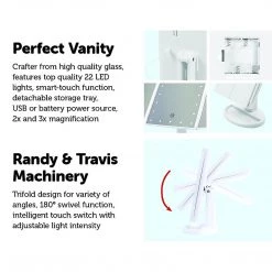 Randy & Travis Machinery Makeup Mirror With LED Light Standing Mirror Magnifying Tri-Fold Touch Home & Lifestyle