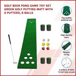 FactoryFast.com.au Golf Beer Pong Game Toy Set Green Golf Putting Matt With 2 Putters, 6 Balls