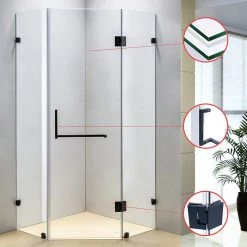 900 X 900mm Frameless 10mm Glass Shower Screen By Della Francesca Black Hinges/Brackets And Square Handle