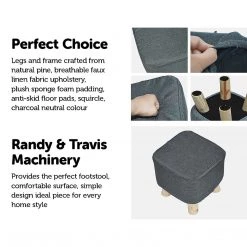 Randy & Travis Machinery Furniture Charcoal Fabric Ottoman Foot Stool Rest Pouffe Wood Padded Seat Squircle